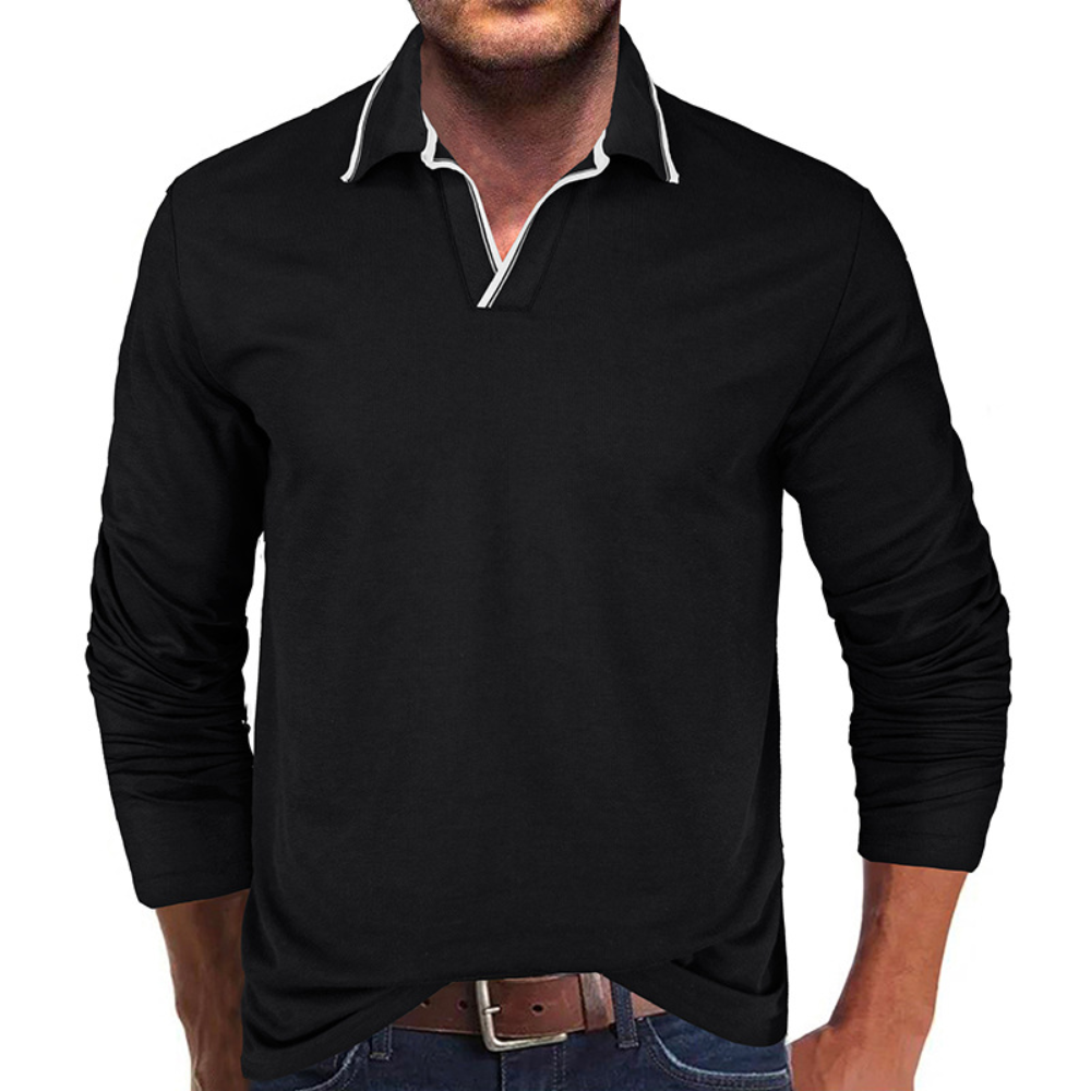 Heren Asymmetrisch V-Hals Polo Shirt met Lange Mouwen – Lars