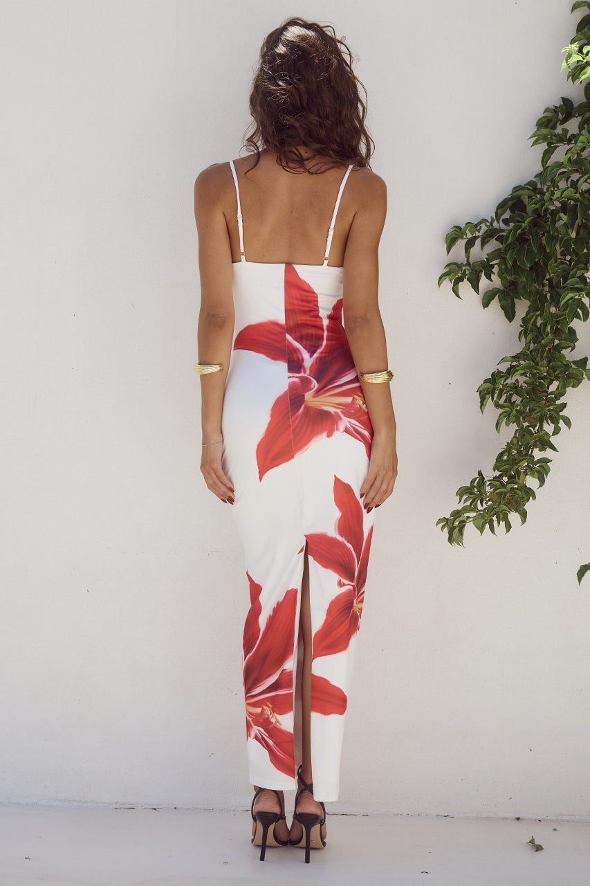 Figuur flatterende dames midi-jurk met bloemenaccent – Neyora