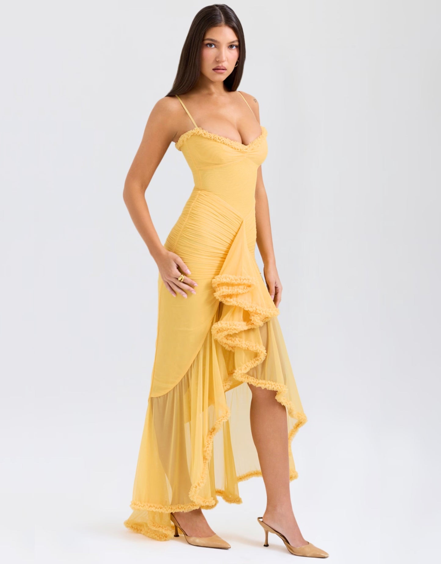 Maxi jurk met ruches en sleep voor dames – Elodie