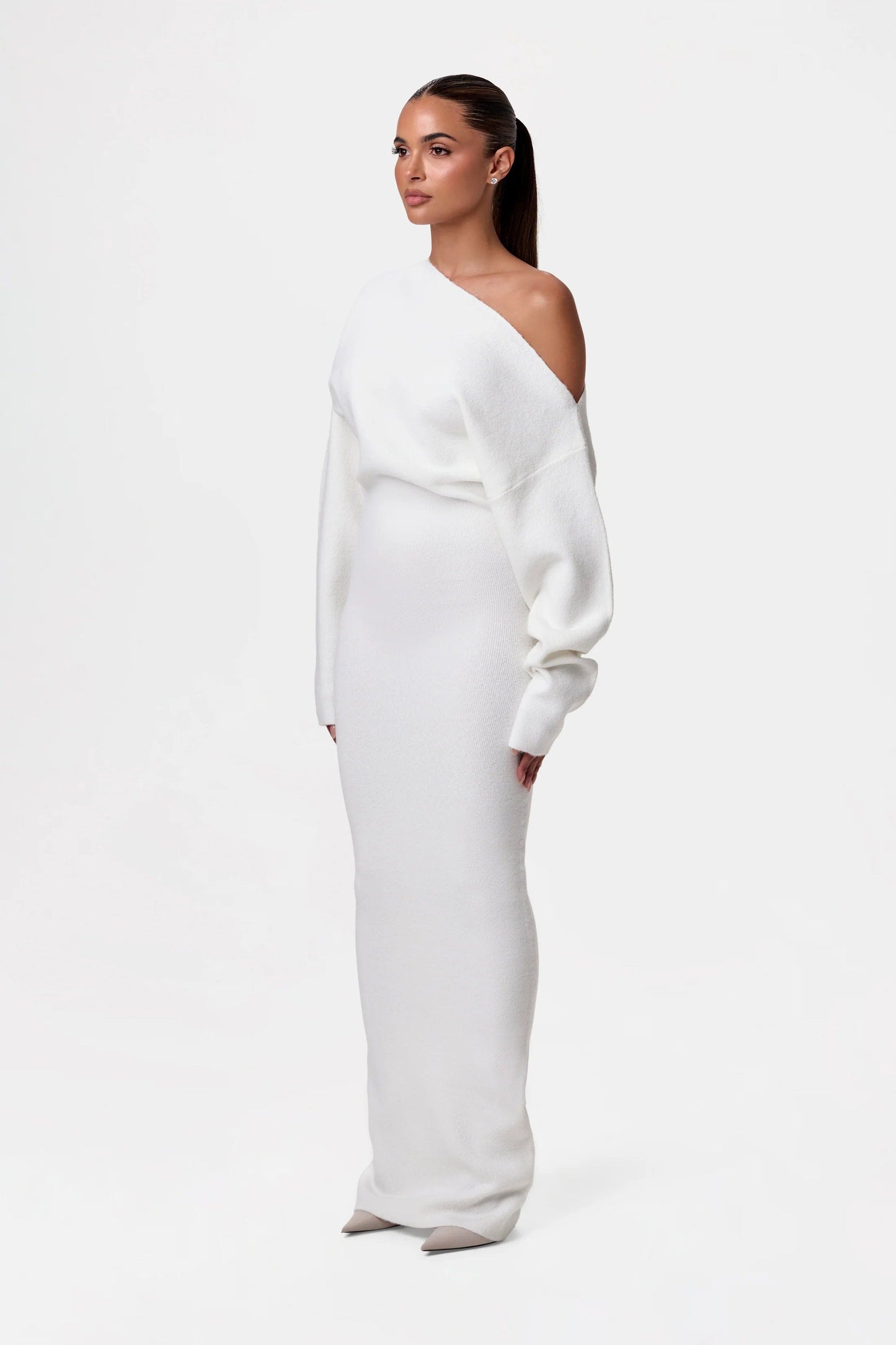 Gebreide off-shoulder maxi jurk met stretch – Serena