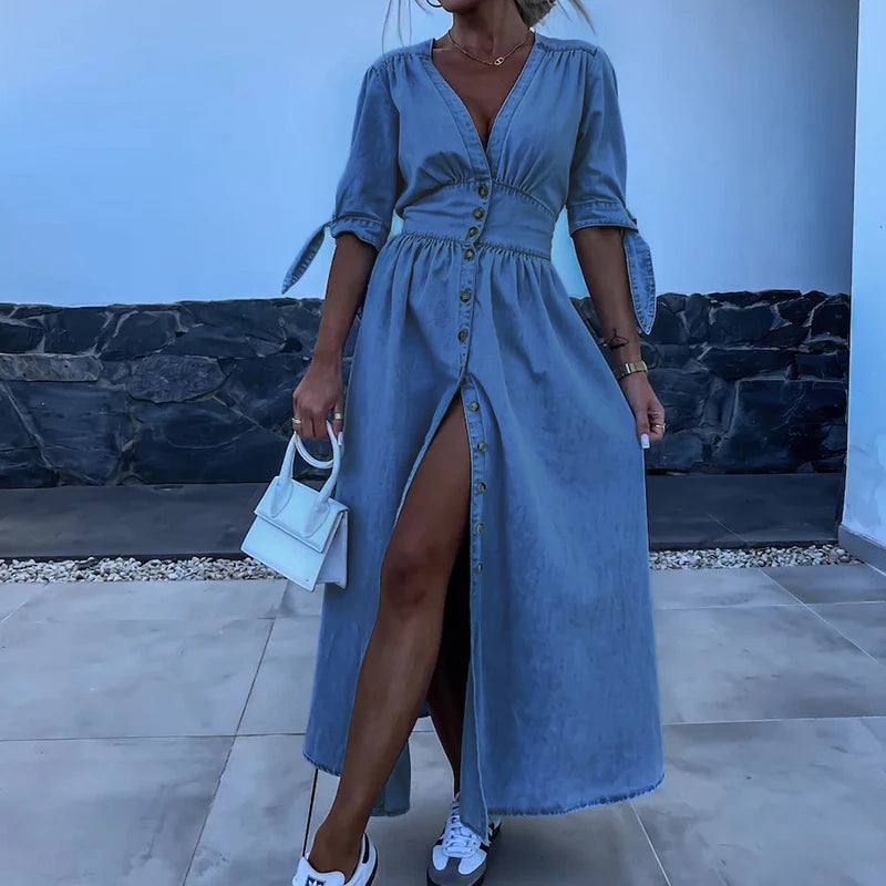 Denim maxi jurk dames V-hals split sexy – Rovira