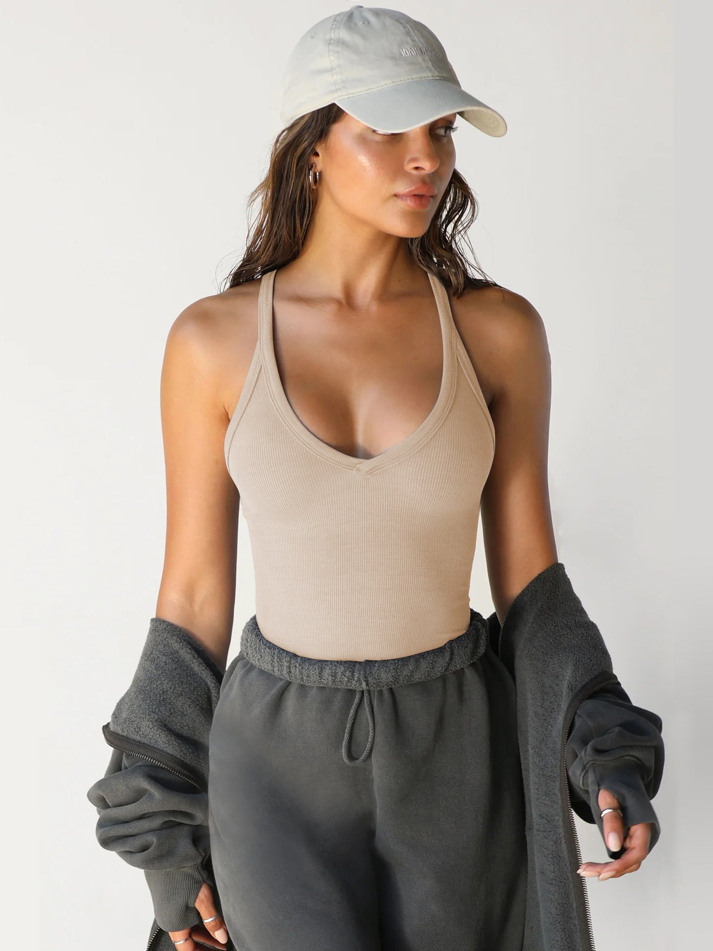 Witte dames top V-hals halter mouwloos elegant – Gina