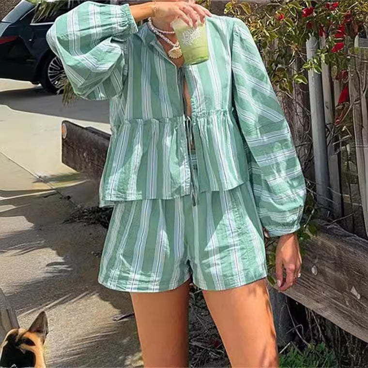 Gestreepte zomerset met ruffle top en short – Zoë