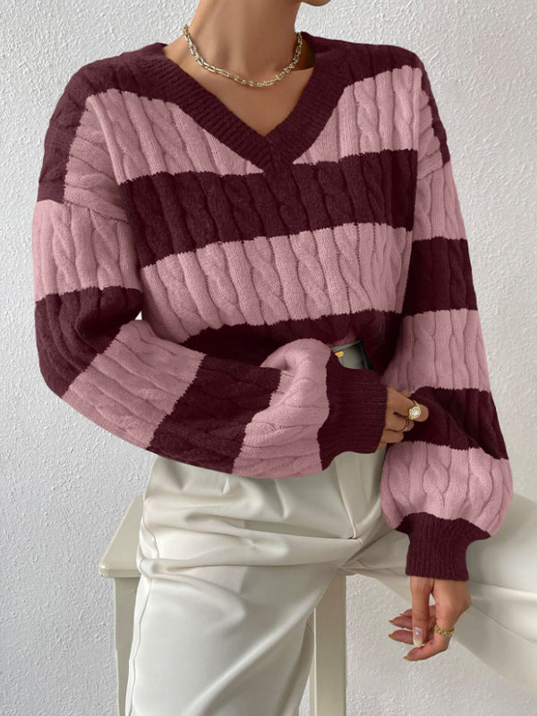 Gestreepte V-hals herfst/winter trui – Angela