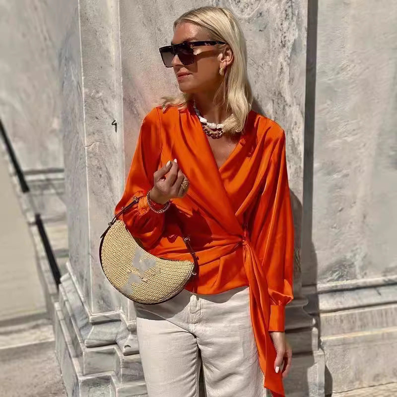 Oranje dames pullover met vetersluiting en lange mouwen – Zorella