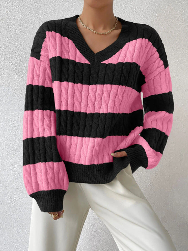 Gestreepte V-hals herfst/winter trui – Angela