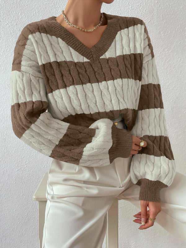 Gestreepte V-hals herfst/winter trui – Angela