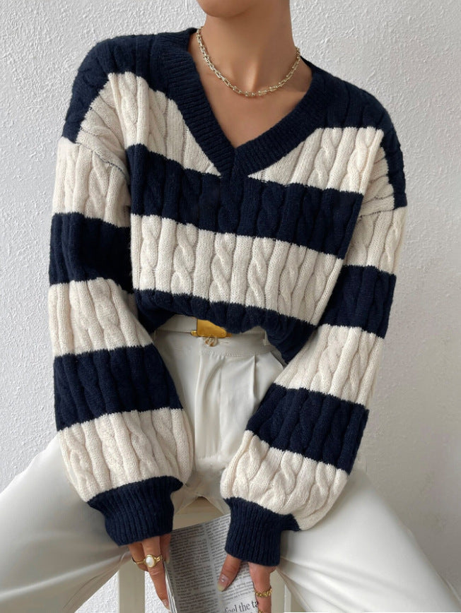 Gestreepte V-hals herfst/winter trui – Angela