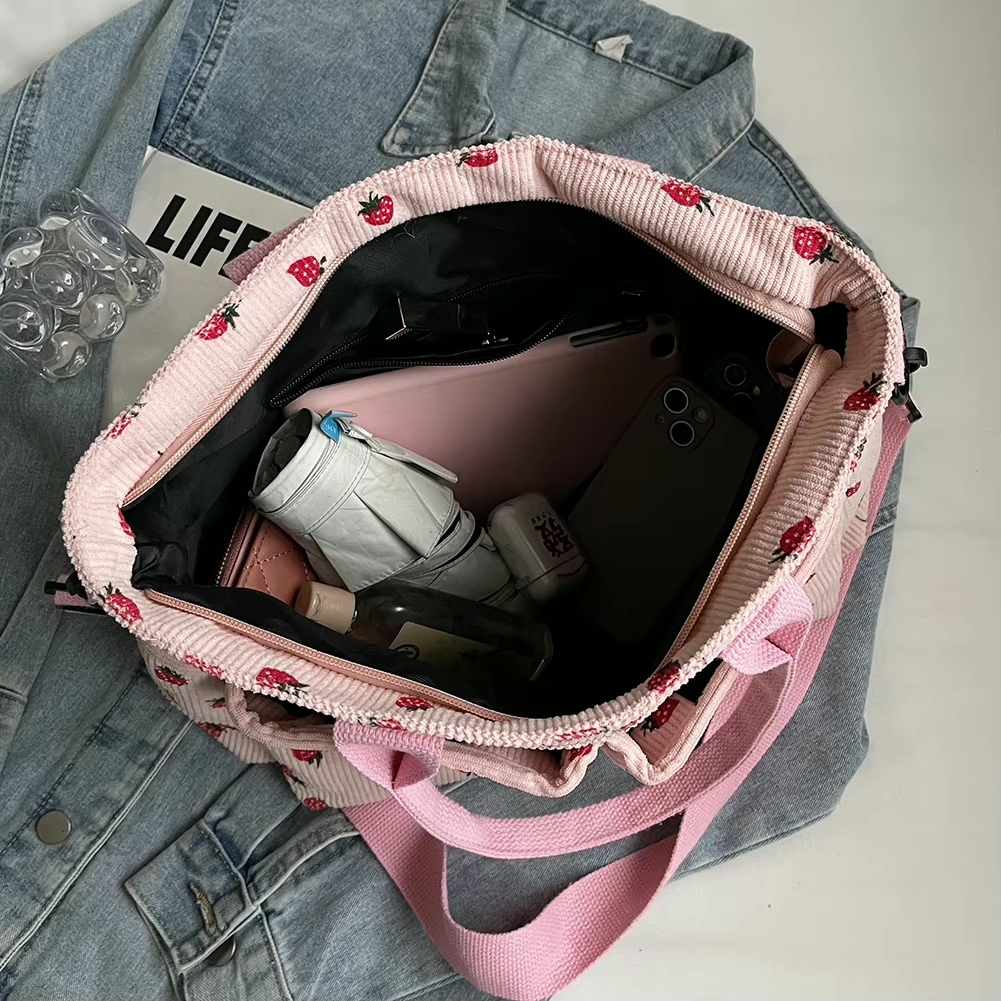Corduroy tote bag met aardbeienprint voor dames – Livari
