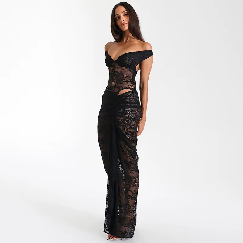 Kanten off-shoulder galajurk met drapering – Isolde
