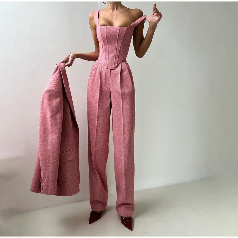 Visgraat top, jas en broek set voor dames – Olivia