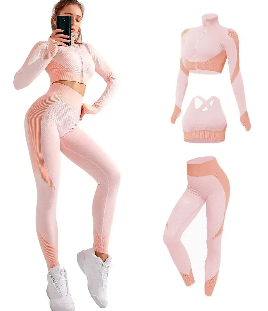 3-Delig Naadloos Dames Sportset met Patchwork Design – Sylvara