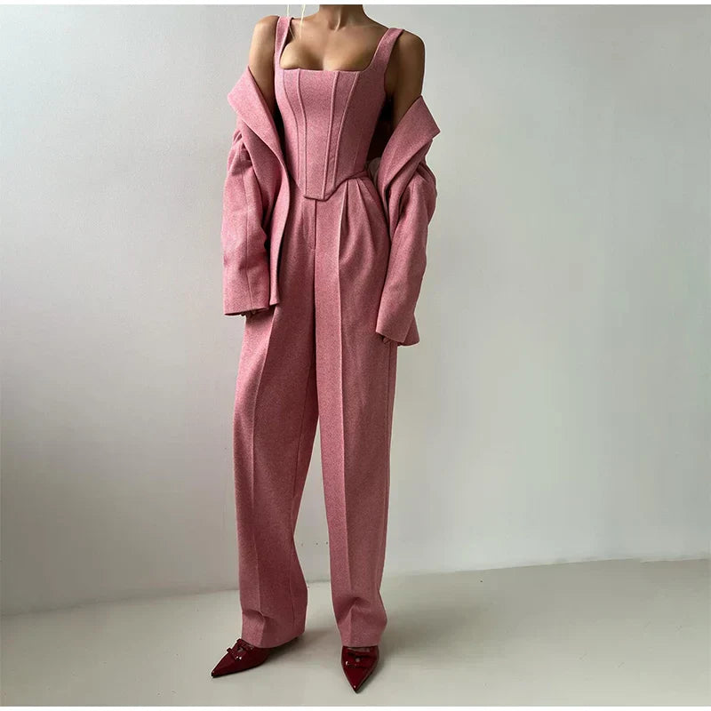 Visgraat top, jas en broek set voor dames – Olivia