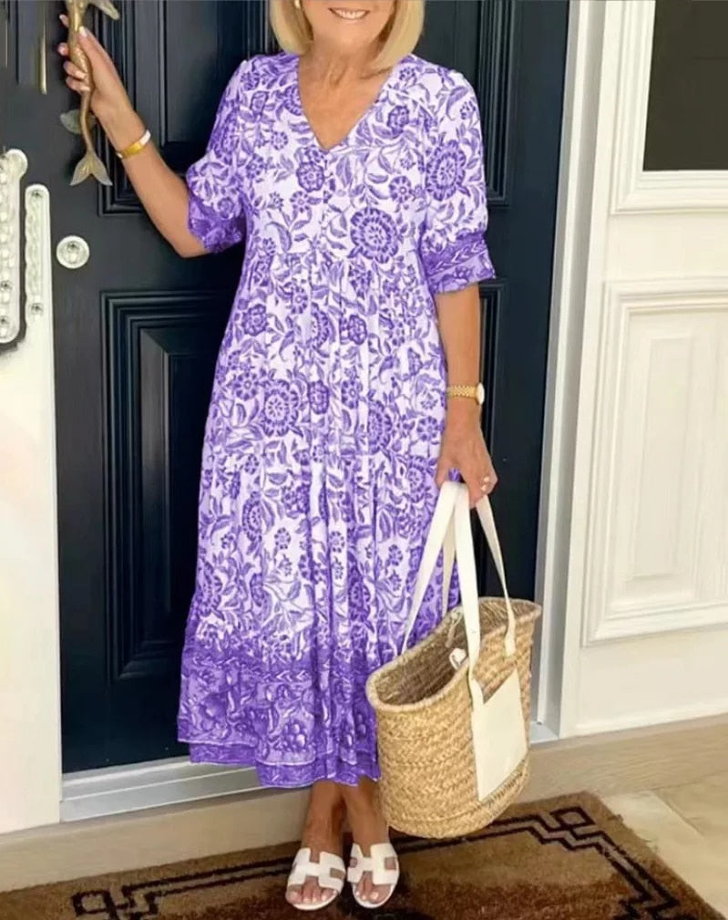 Dames Bloemen Maxi Jurk V-hals Ademend Comfort – Seleste