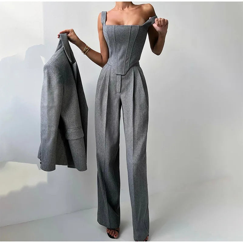 Visgraat top, jas en broek set voor dames – Olivia