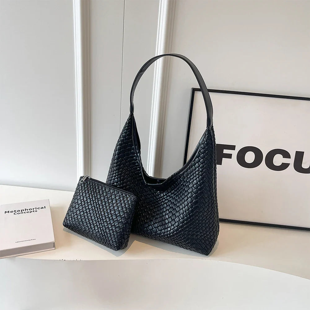 Gevlochten vegan tote bag met pouch voor dames – Alvaya