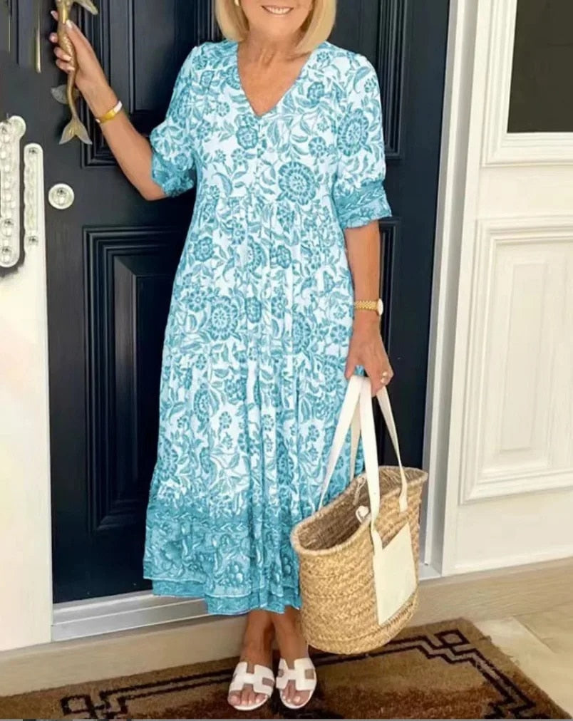 Dames Bloemen Maxi Jurk V-hals Ademend Comfort – Seleste