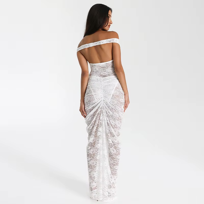 Kanten off-shoulder galajurk met drapering – Isolde