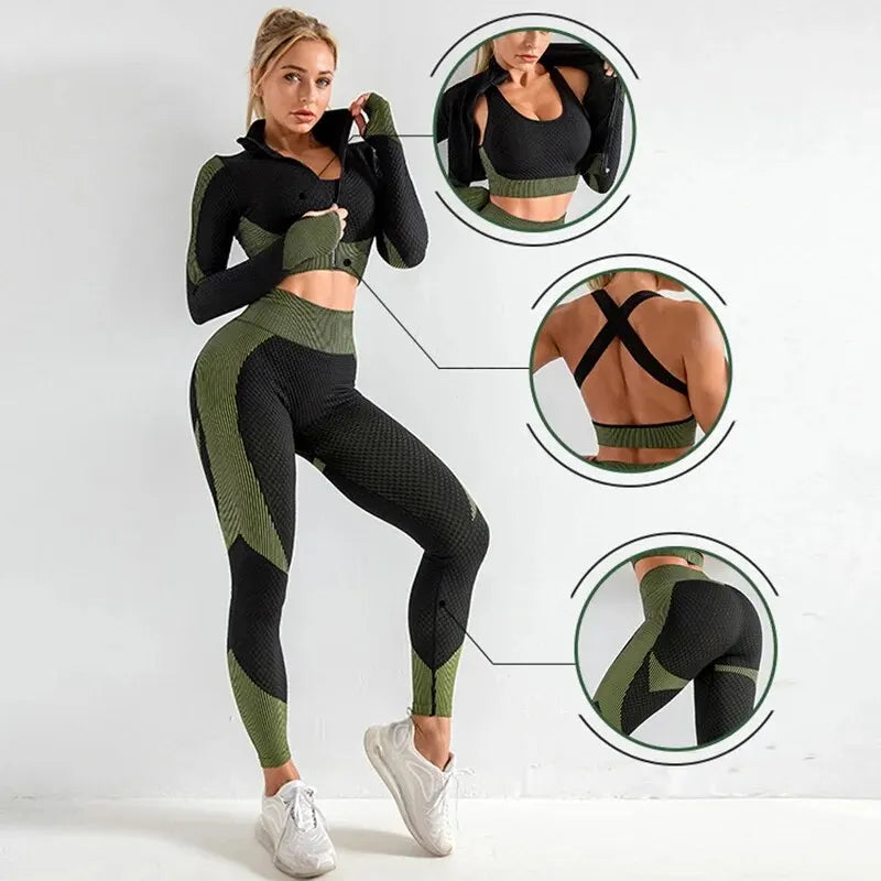 3-Delig Naadloos Dames Sportset met Patchwork Design – Sylvara