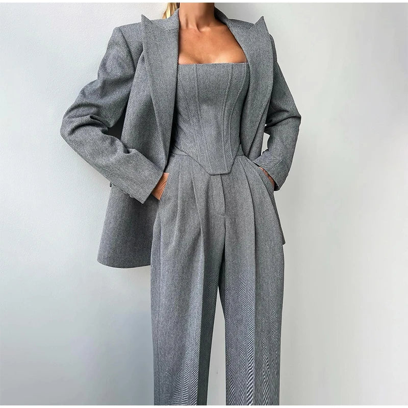 Visgraat top, jas en broek set voor dames – Olivia