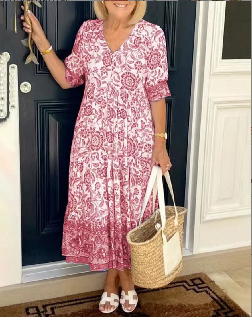 Dames Bloemen Maxi Jurk V-hals Ademend Comfort – Seleste