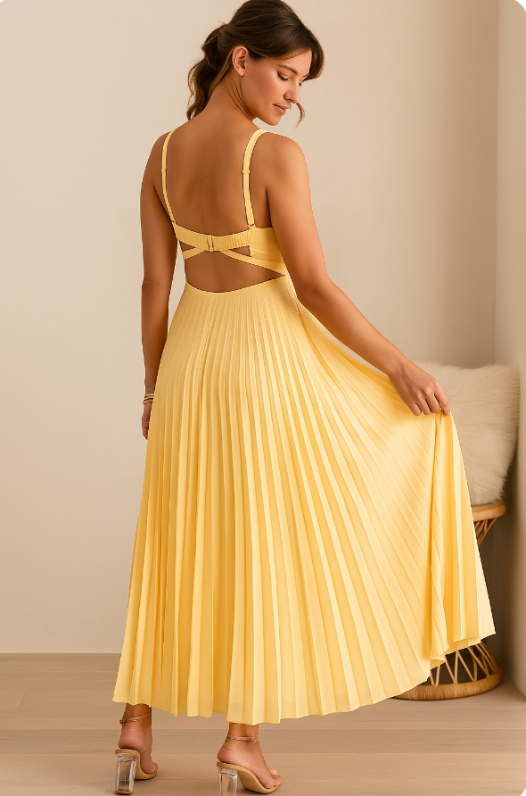 Plissé maxi zomerjurk dames V-hals elegant – Camille