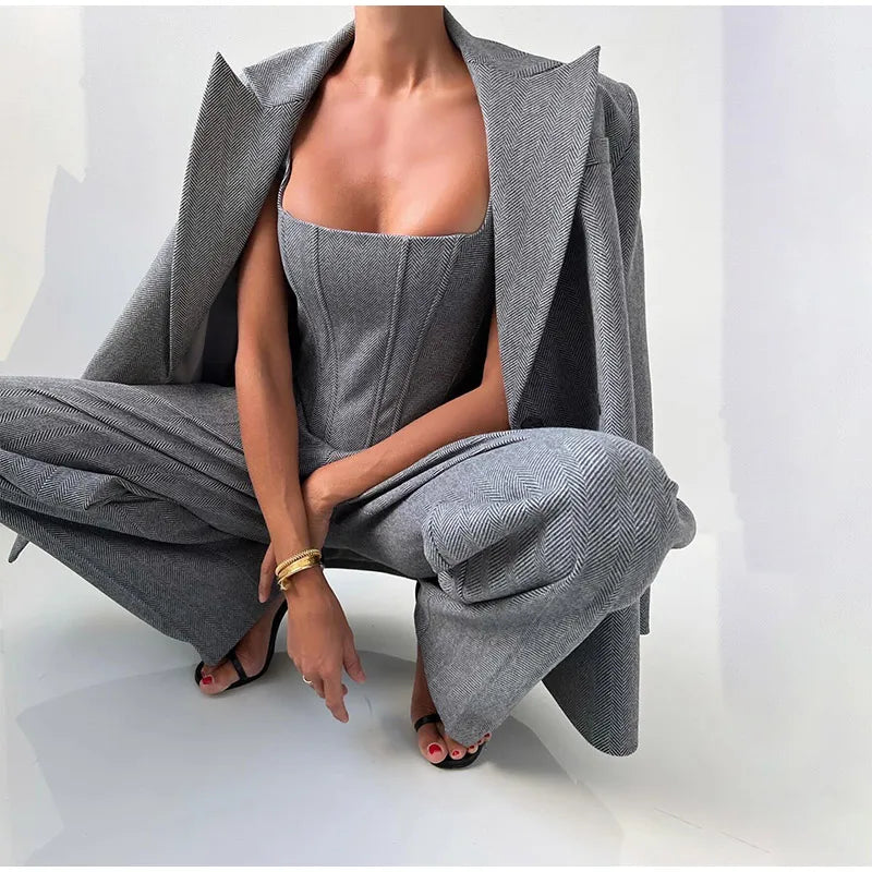 Visgraat top, jas en broek set voor dames – Olivia