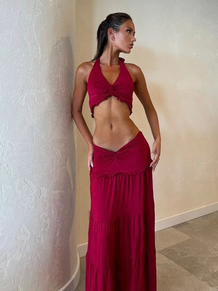 Zomerse co-ord set met haltertop en maxi rok – Liora