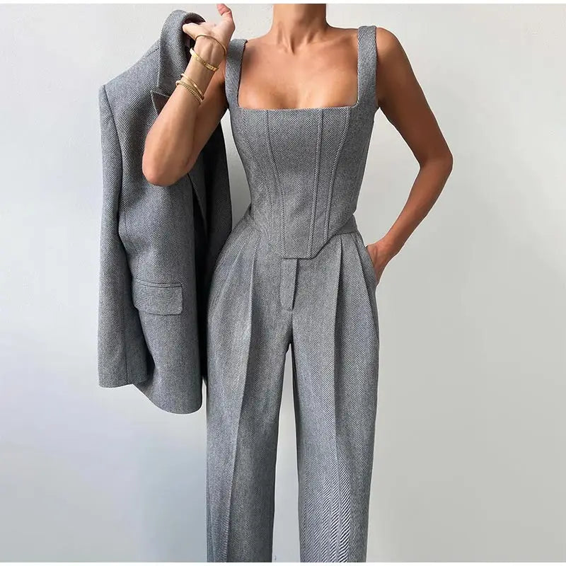 Visgraat top, jas en broek set voor dames – Olivia