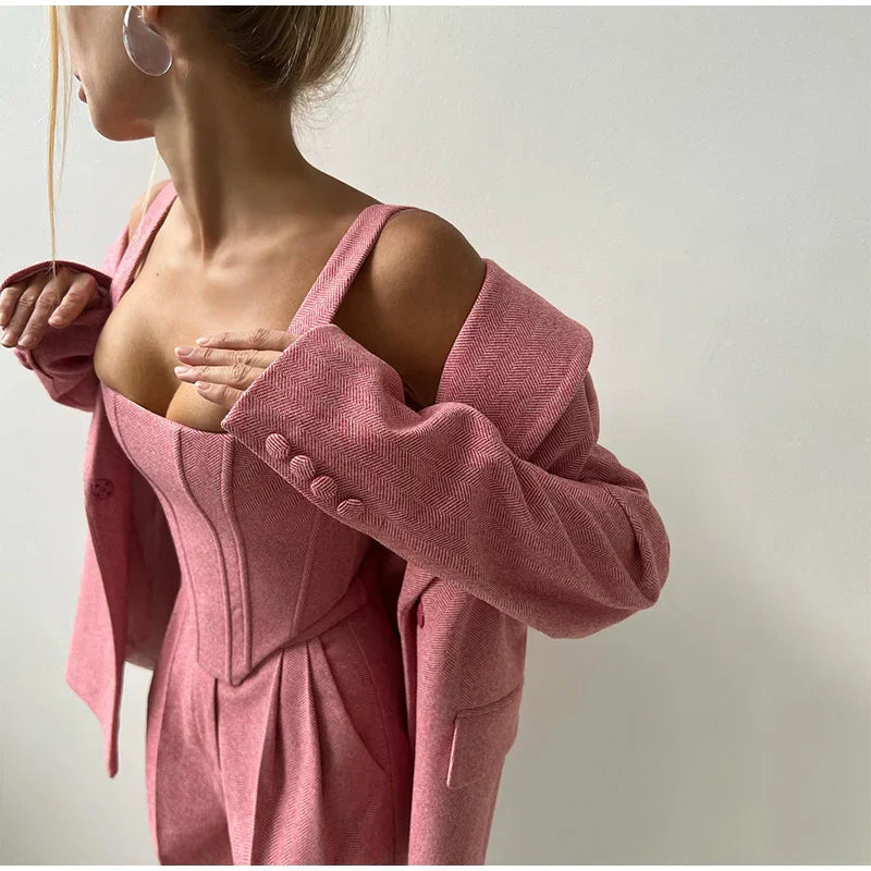 Visgraat top, jas en broek set voor dames – Olivia