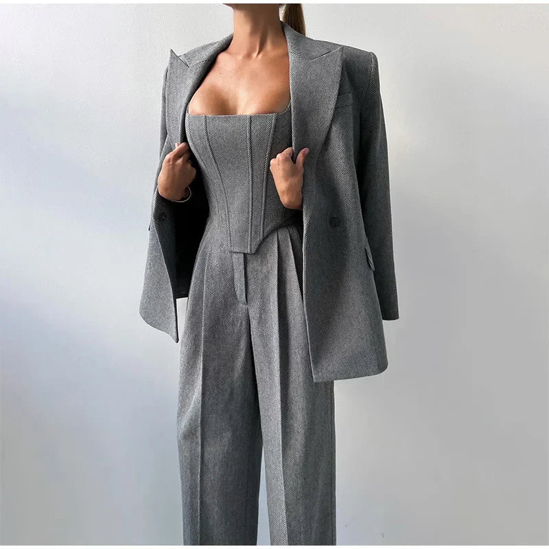 Visgraat top, jas en broek set voor dames – Olivia