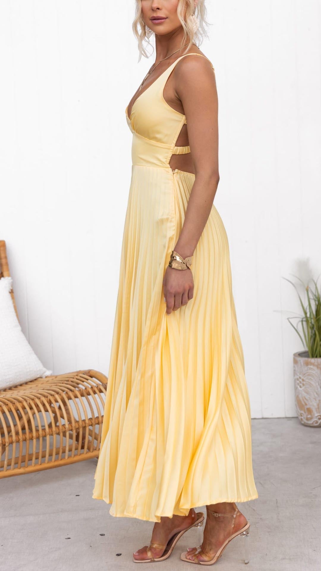 Dames Geplisseerde Maxi Jurk Elegant V-hals – Yara