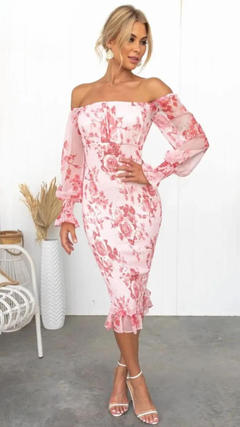 Off Shoulder Bloemen Midi Jurk voor Zomer – Laura