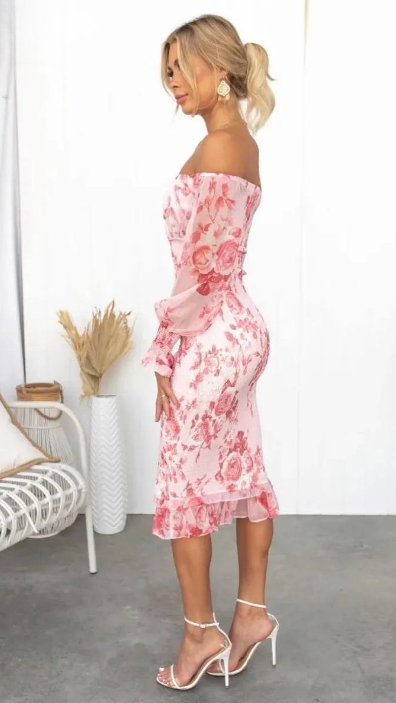 Off Shoulder Bloemen Midi Jurk voor Zomer – Laura