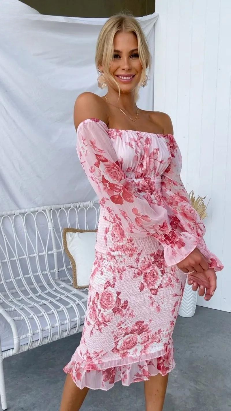 Off Shoulder Bloemen Midi Jurk voor Zomer – Laura