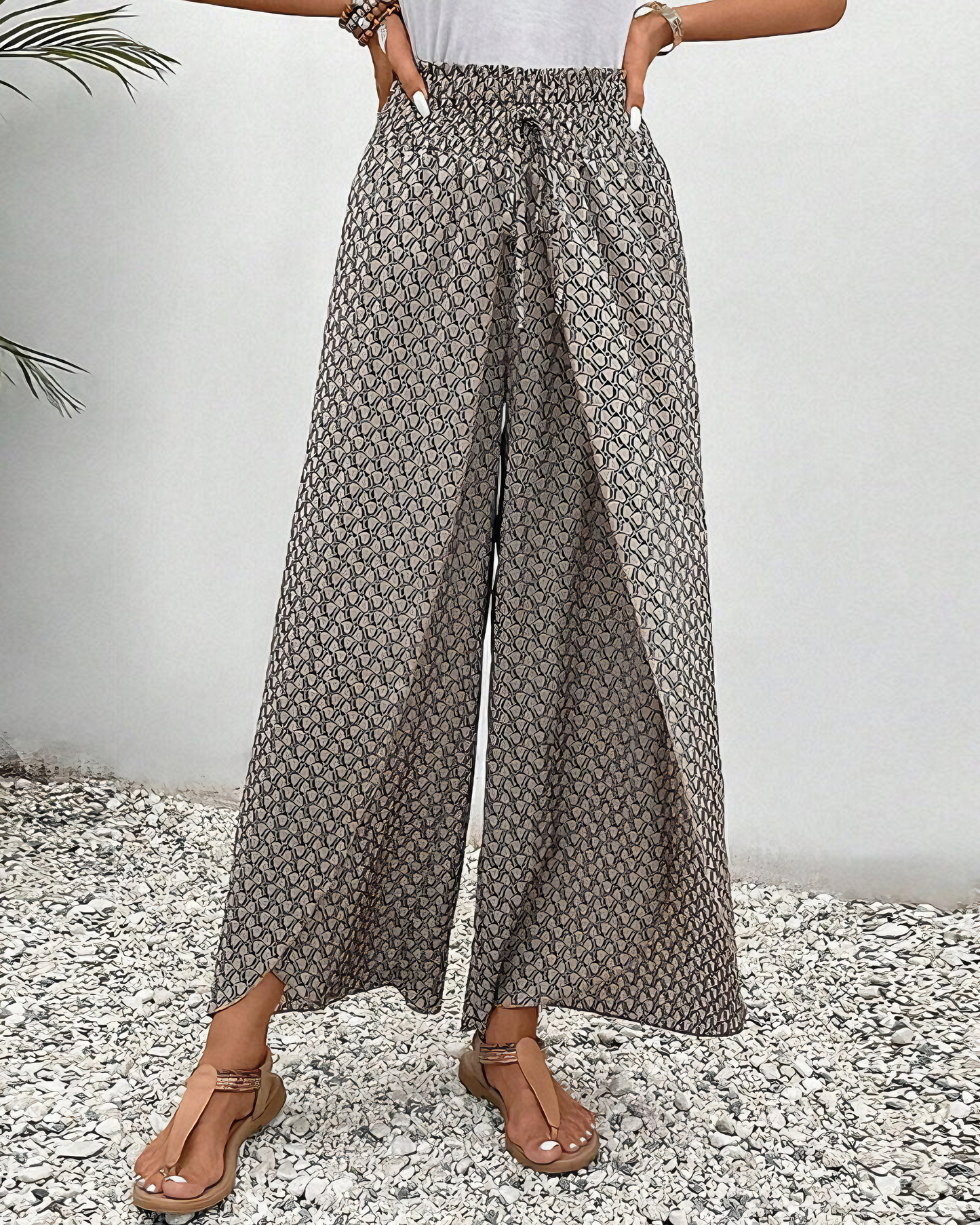 Wijde damespantalon met elastische taille en print – Sahara