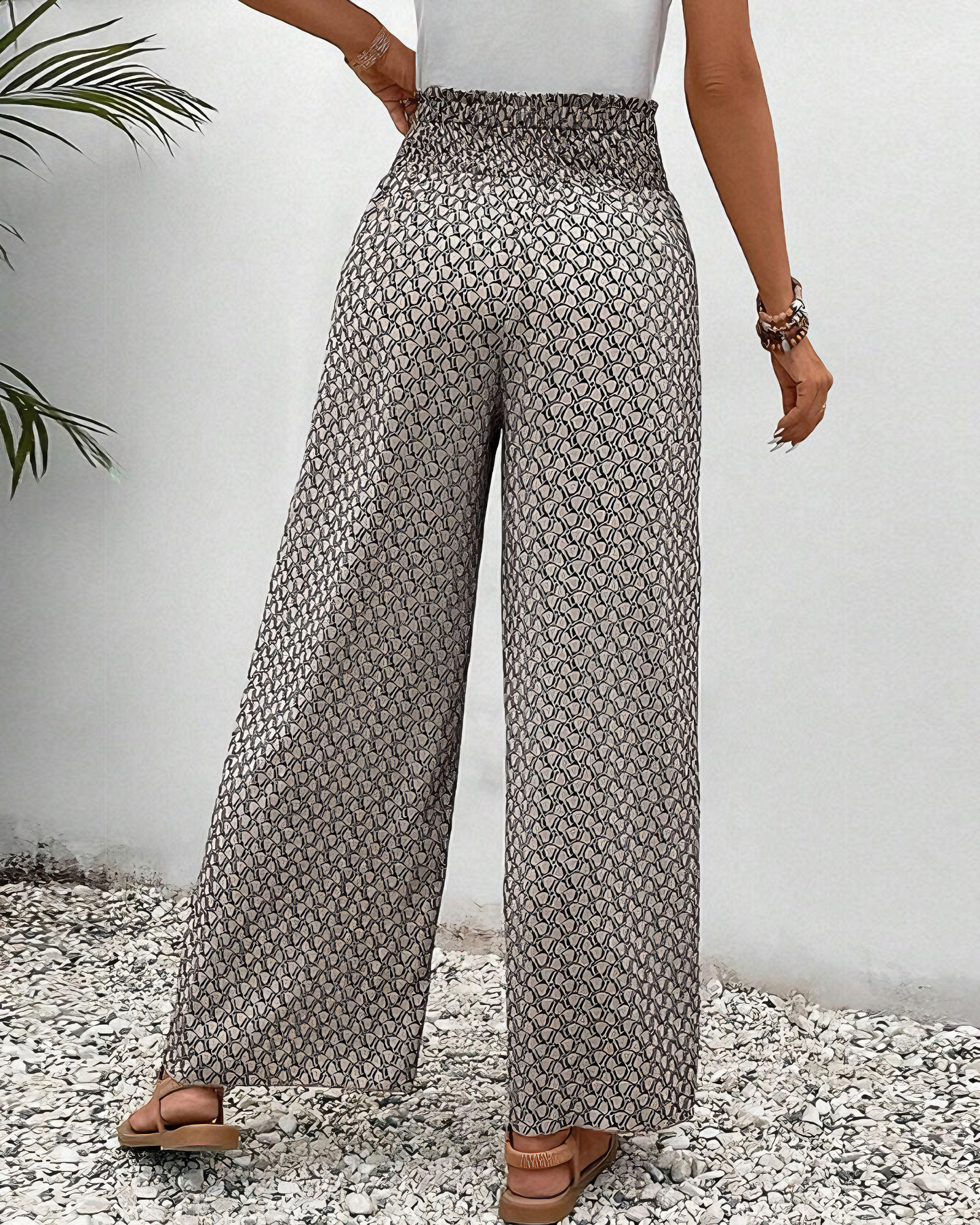 Wijde damespantalon met elastische taille en print – Sahara