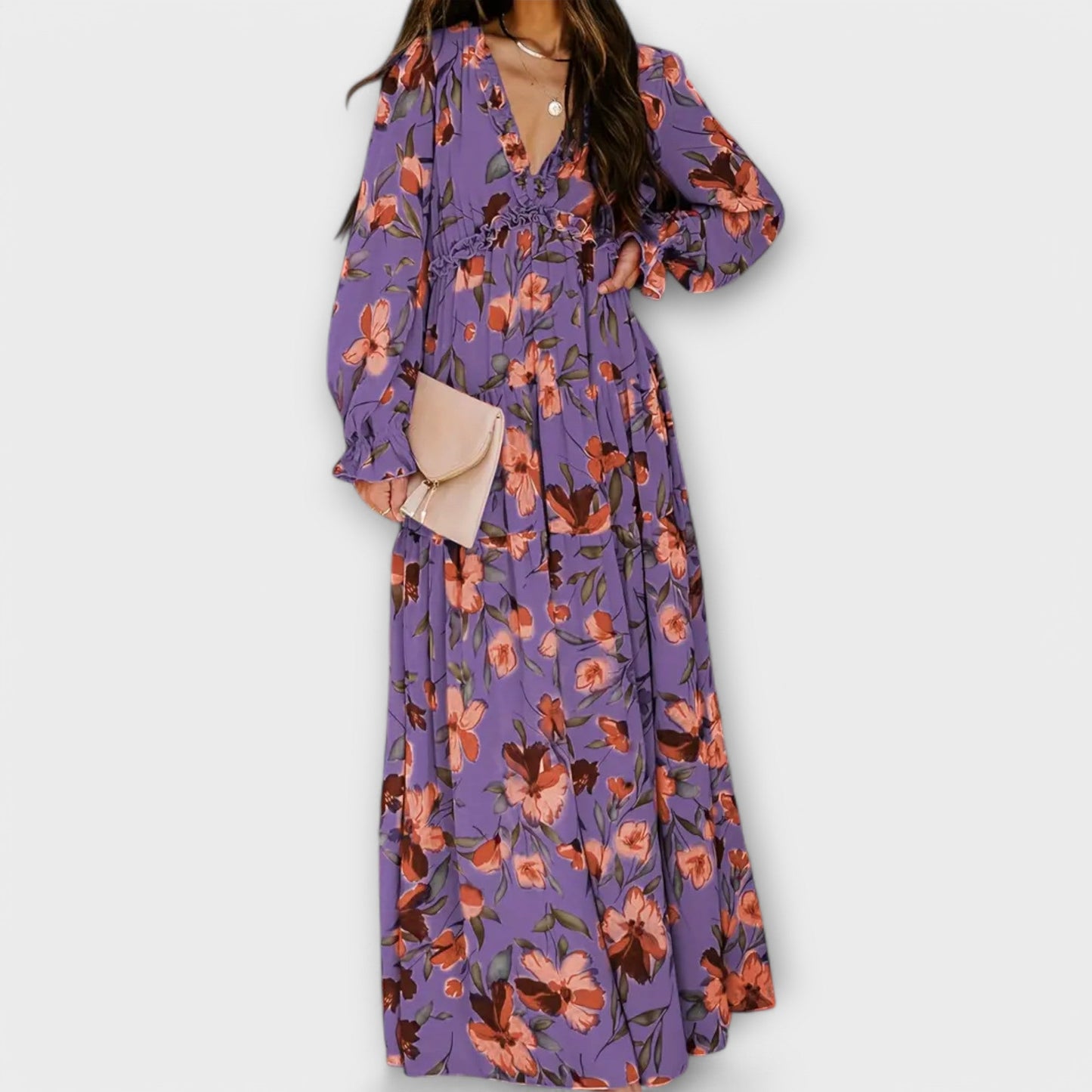 Maxi bloemenjurk V-hals elegant lange mouw – Fioroa