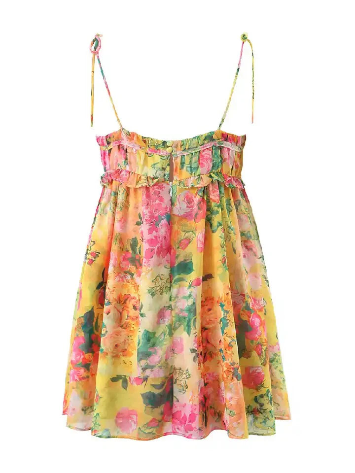 Chiffon midi jurk met strokenrok en trekkoord mouwen – Calista