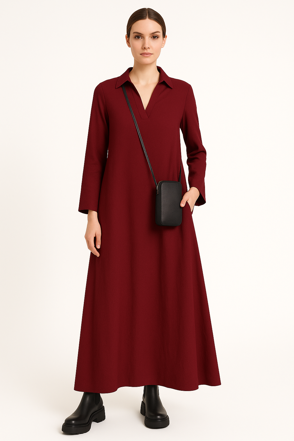 Relaxed maxi-jurk met split en reverskraag – Nova