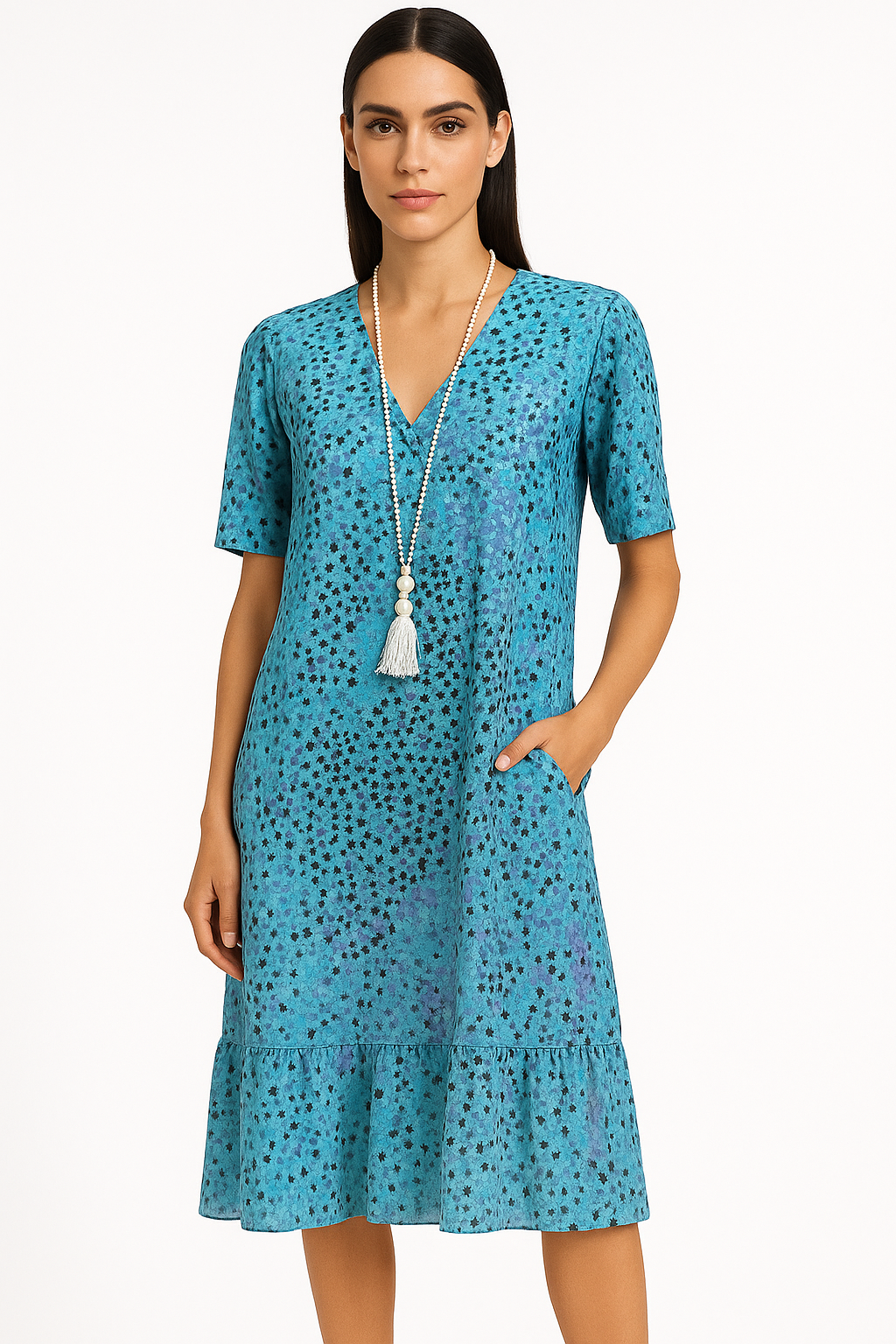 Midi-jurk met levendige print en V-hals – Hilary