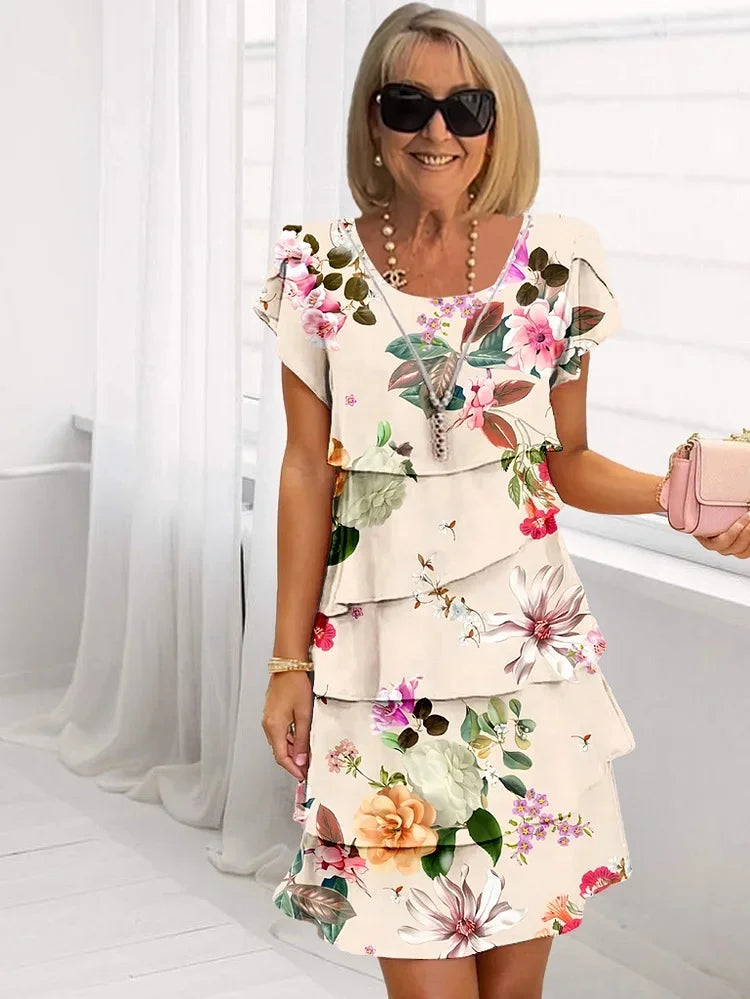 Maxi bloemenjurk met ronde hals en lagen – Gisella