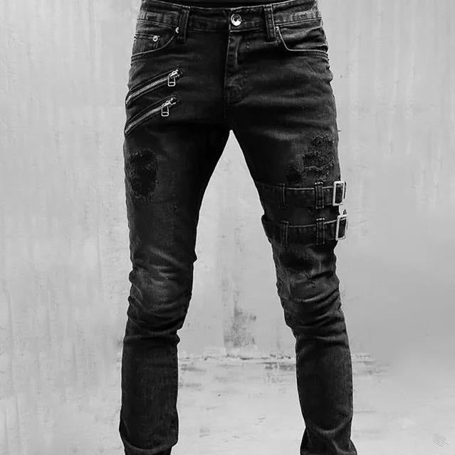 Gothische Buckle Slim Fit Tapse Jeans voor Heren - Raven