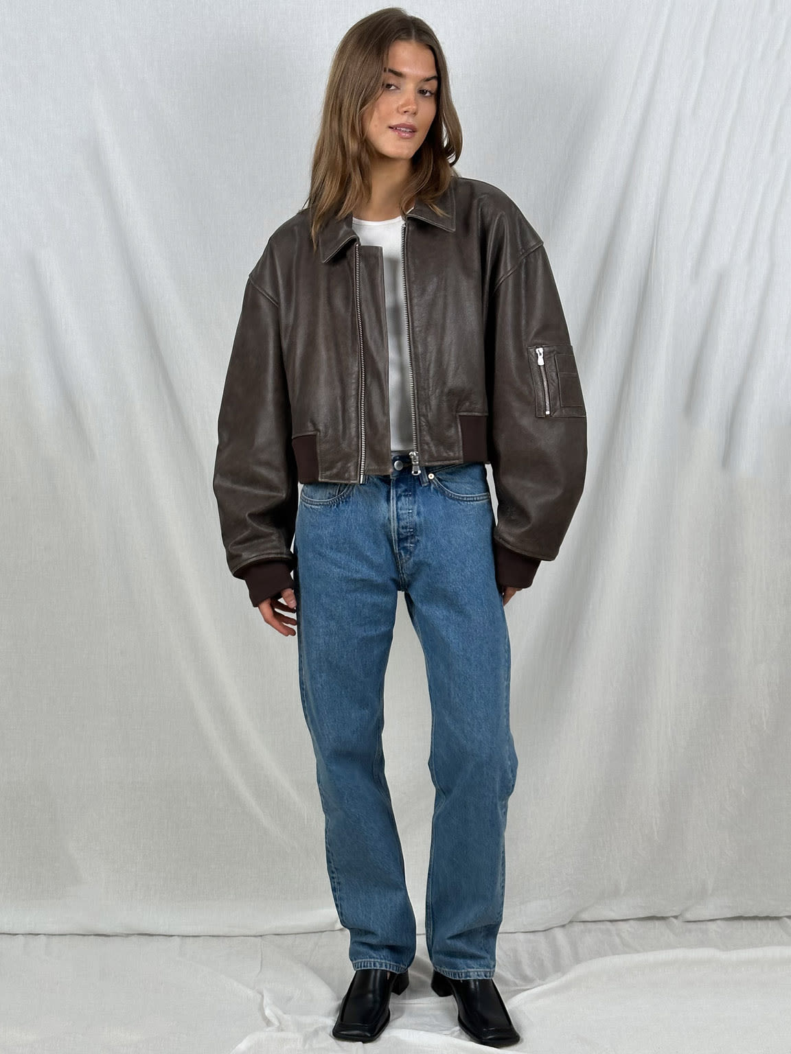 Cropped oversized dames leren bomberjack vintage look – Renvy