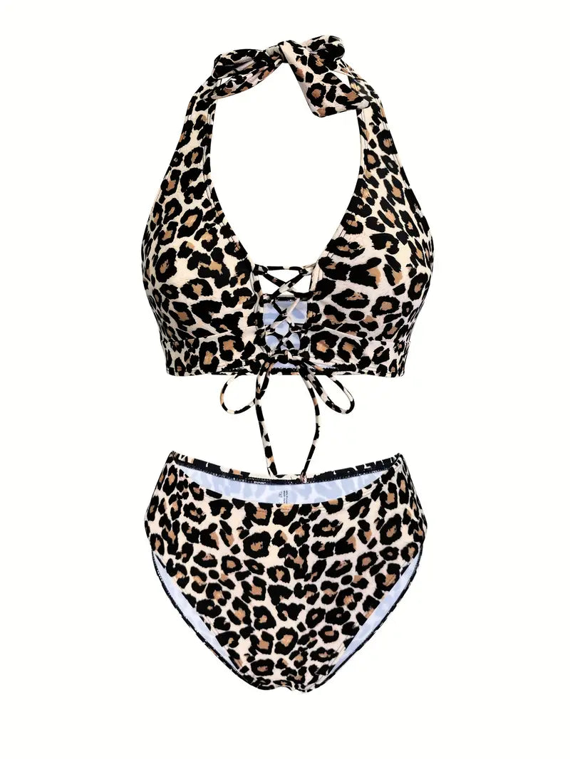 Panterprint Bikini met Halter en Hoge Snit – Seravena