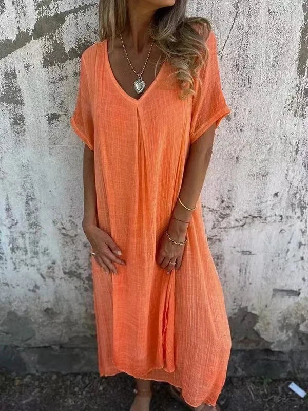Zomerjurk dames lang luchtig ademend met korte mouw – Rabia