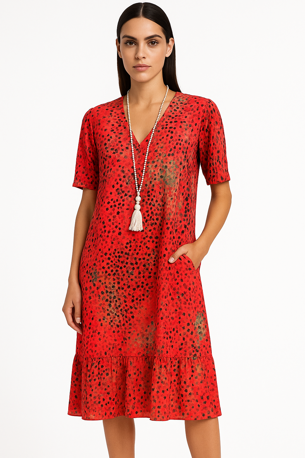 Midi-jurk met levendige print en V-hals – Hilary