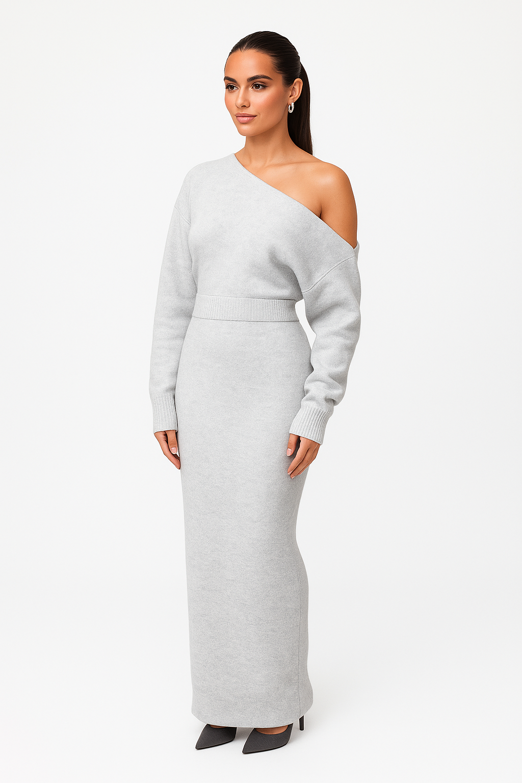 Off-shoulder sweaterjurk met vrouwelijke pasvorm – Vani