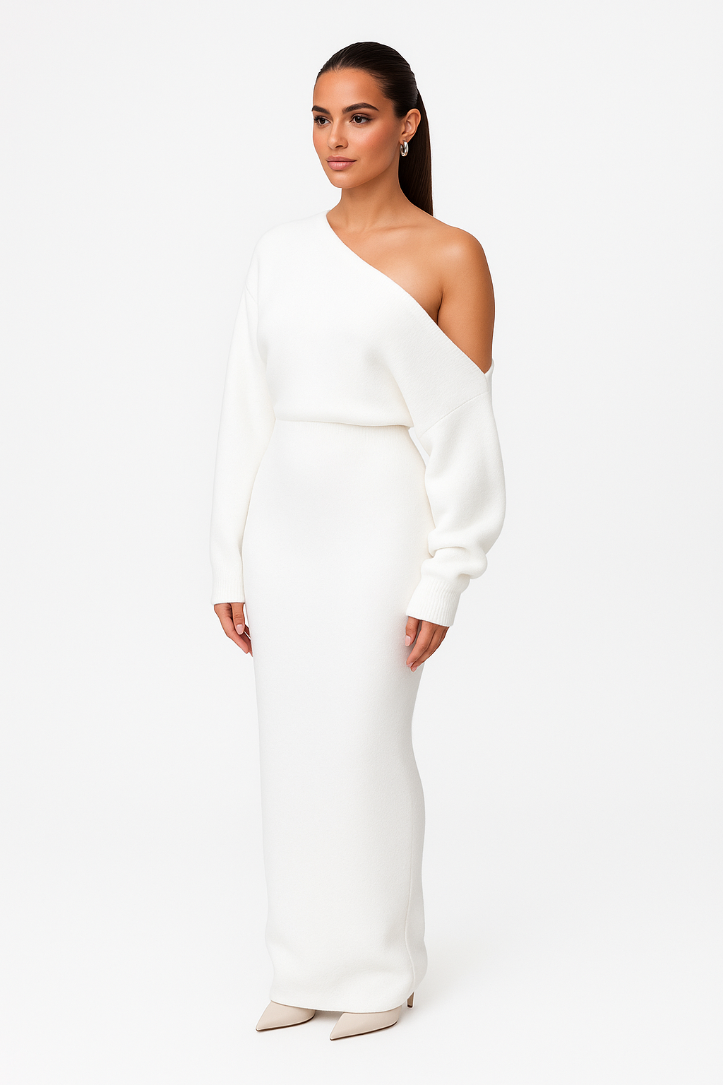 Off-shoulder sweaterjurk met vrouwelijke pasvorm – Vani