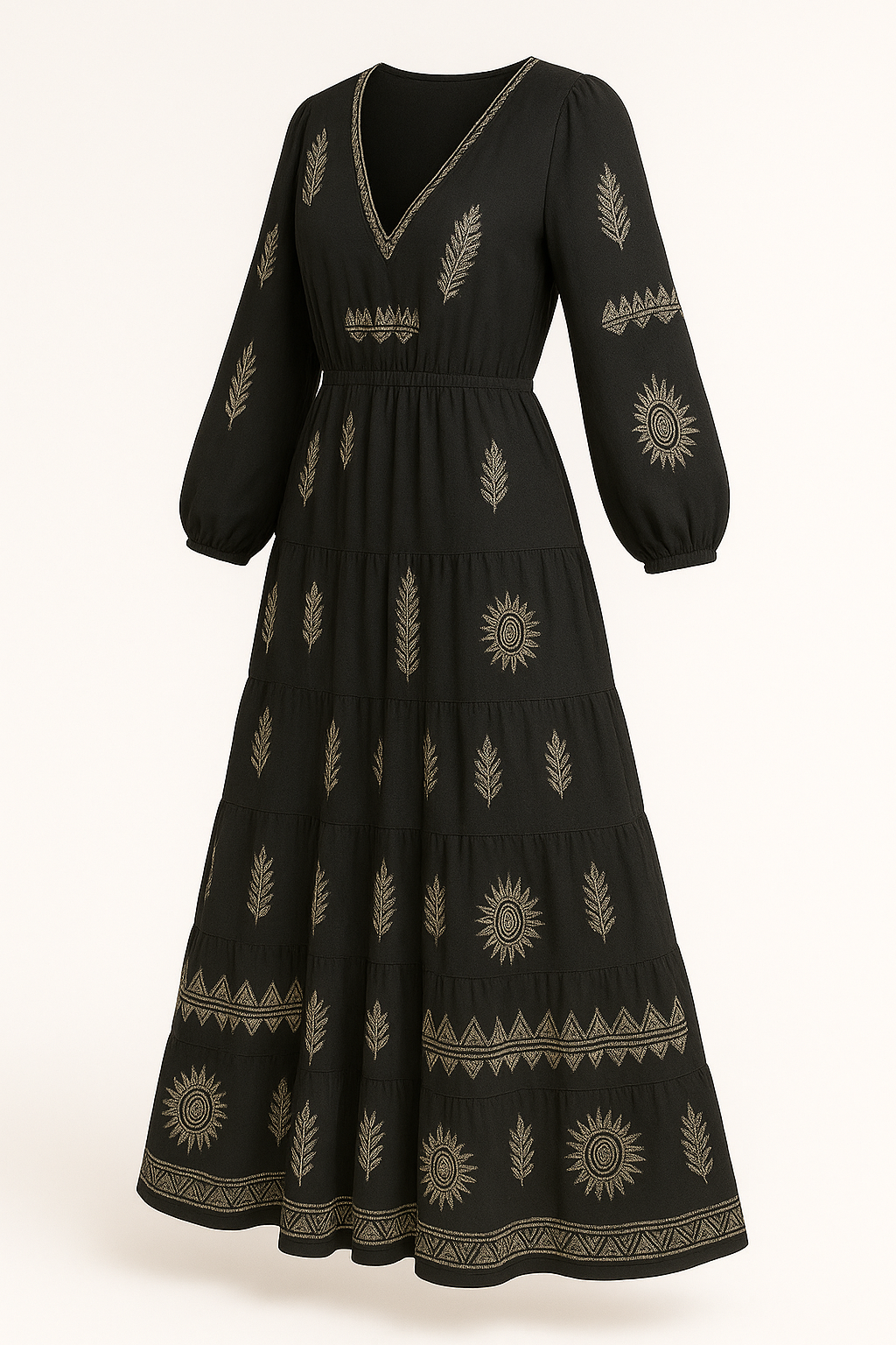 Maxi-jurk met V-hals en trompetmouwen – Serafina